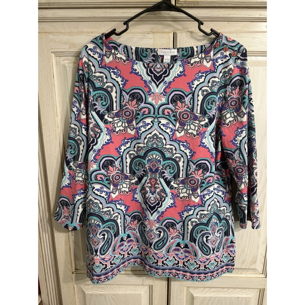 Charter‎ Club Womens Top Sz L Multicolor Blue Pink Paisley Boat Neck Long Sleeve